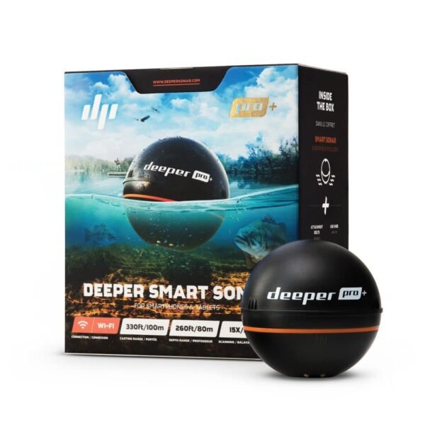 Deeper PRO+ Smart Sonar portable fish finder floating in water