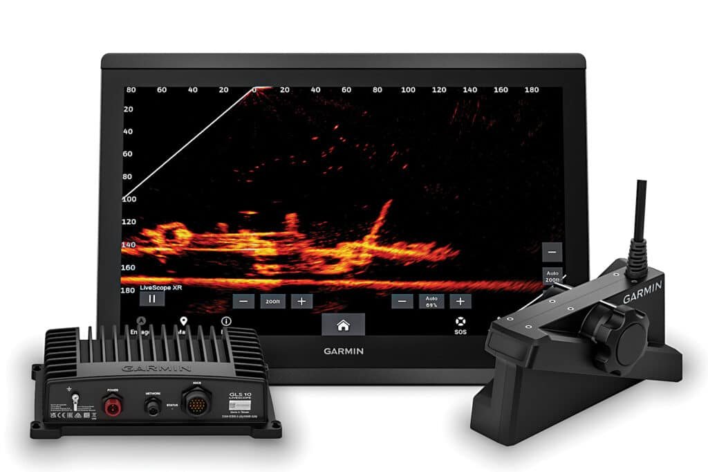 Garmin LiveScope Plus real-time sonar system display showing live fish movement